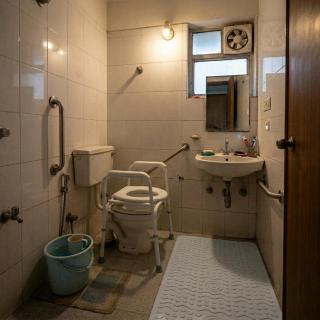 Safe senior bathroom with grab bars and anti-slip coating
